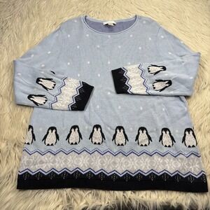 CJ Banks Women's 1X Baby Blue Fair Isle Penguin Graphic Sweater Christmas Winter